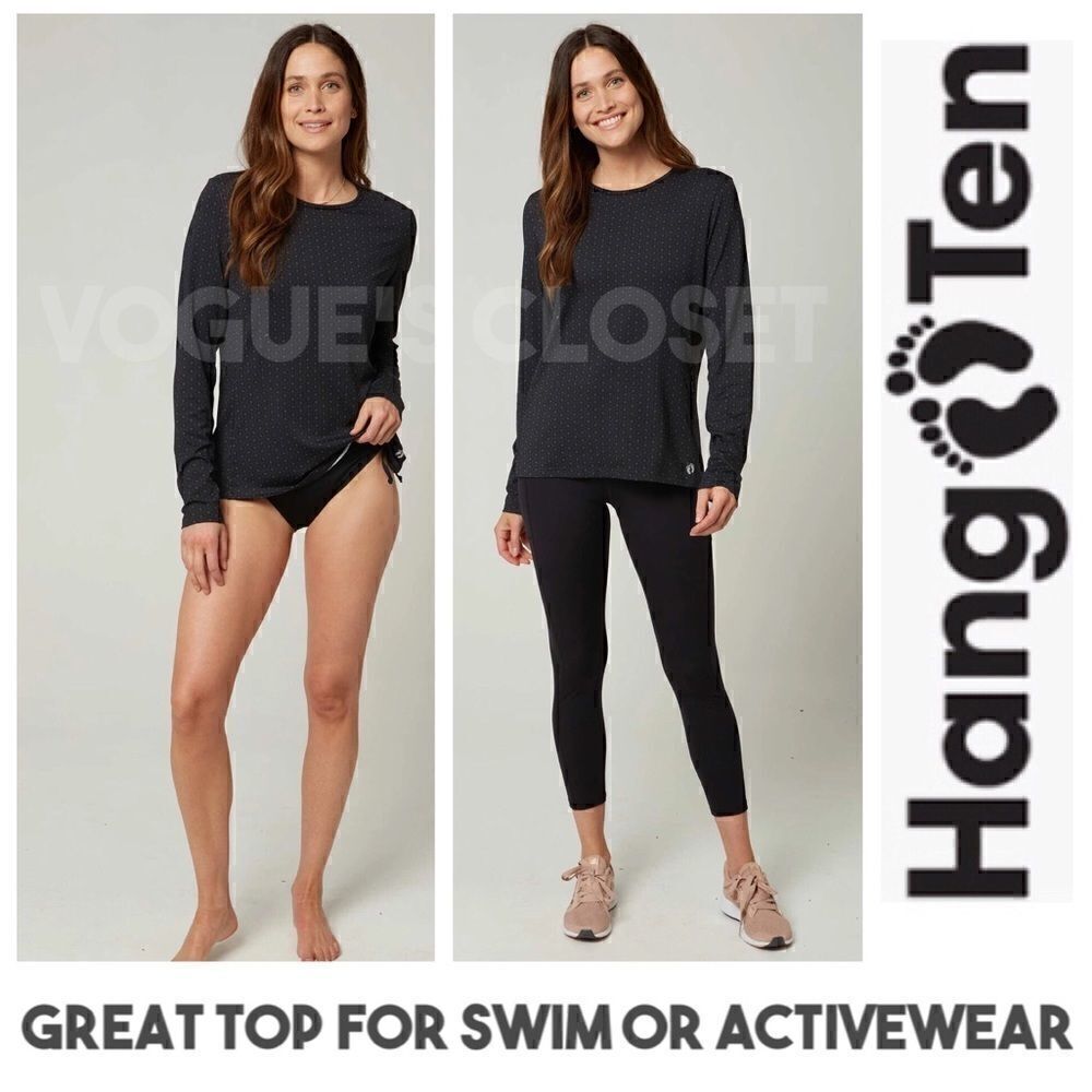 HANG TEN Ladies Long Sleeve Rash Guard Swim Shirt Zip Side Pocket and UPF 50+